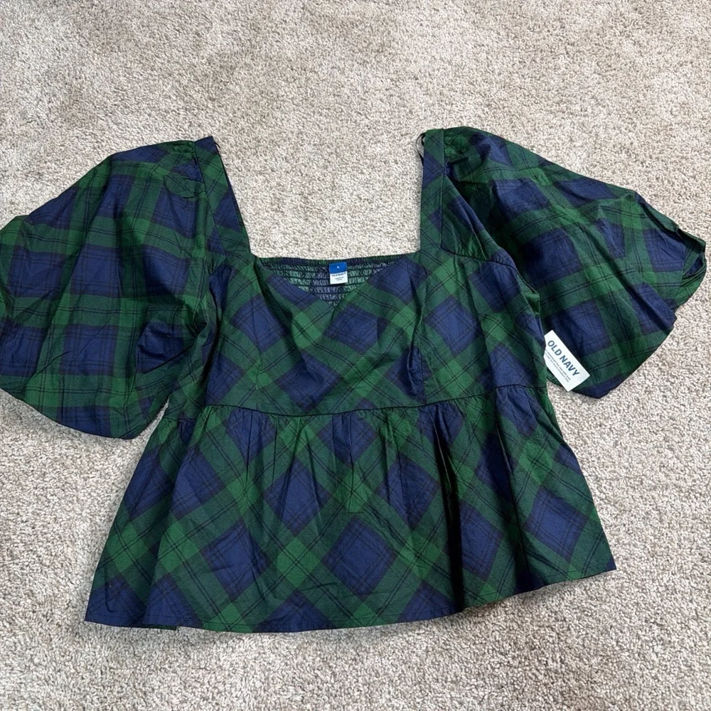 Old‎ Navy Plaid Green and Blue Women's Crop Top With Puffy Sleeves - NWT Size L
